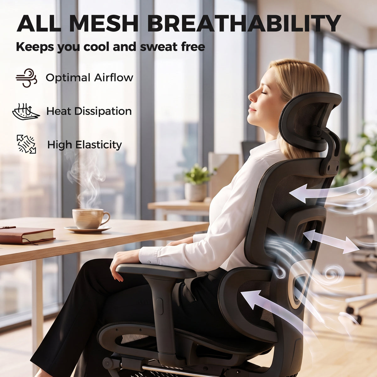 Ergonomic Office Chair with Lumbar Support, 2D Headrest, Mesh Reclining Desk Chair with Footrest, Black