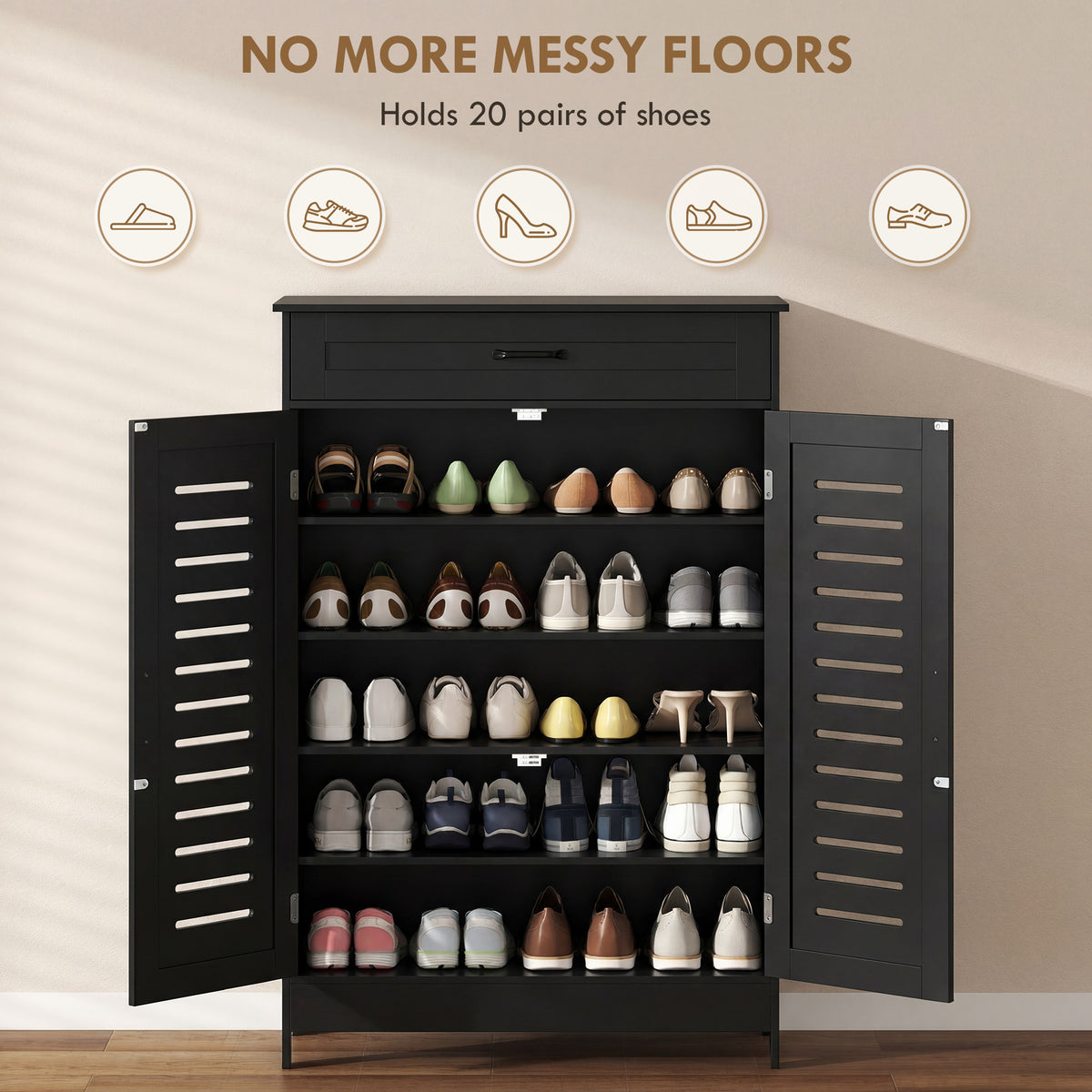 Shoe Cabinet with Louvered Doors – 31"W x 46"H