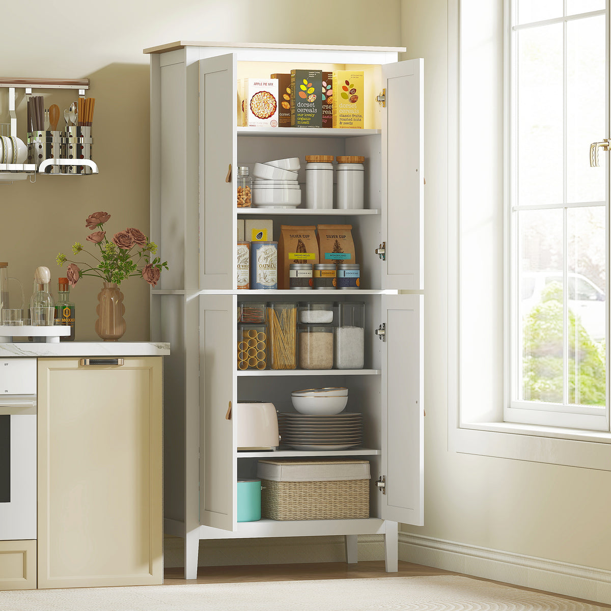 Tall Kitchen Pantry Storage Cabinet with Motion Sensor LED Light – 32"W x 70"H