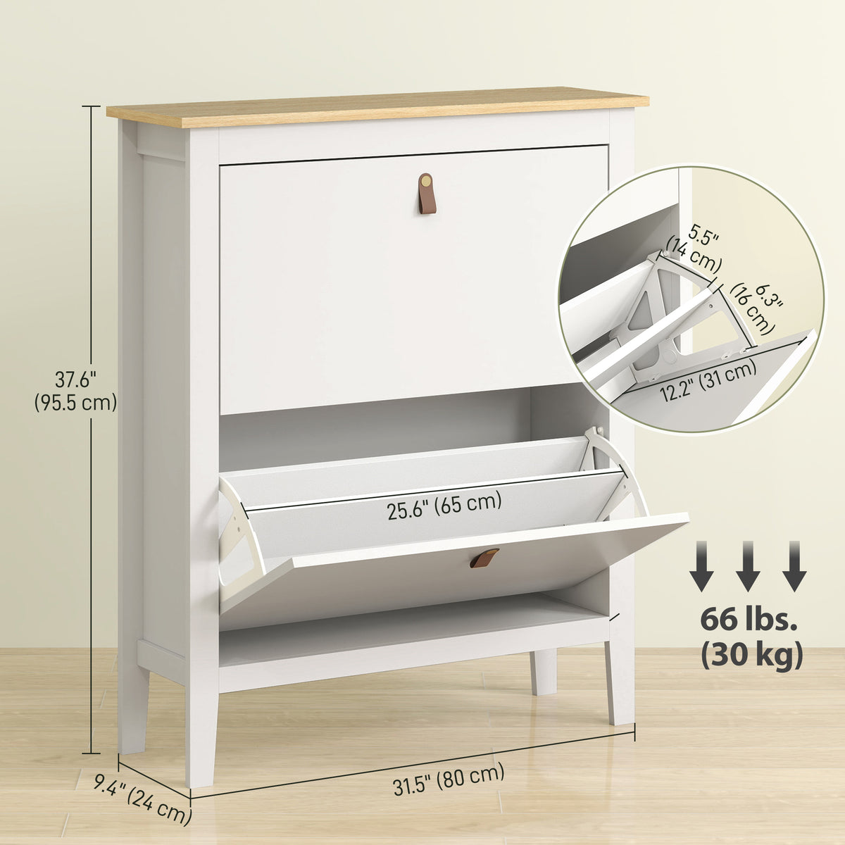Narrow Shoe Cabinet with 2 Flip Drawers – 31"W x 38"H