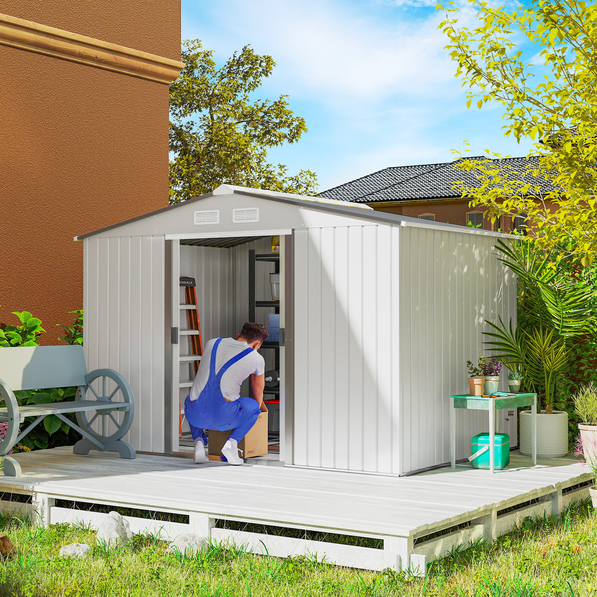 9.1'x6.4'x6.3' Garden Storage Shed, Outdoor Storage Tool House with Vents, Foundation and Lockable Double Doors – Silver