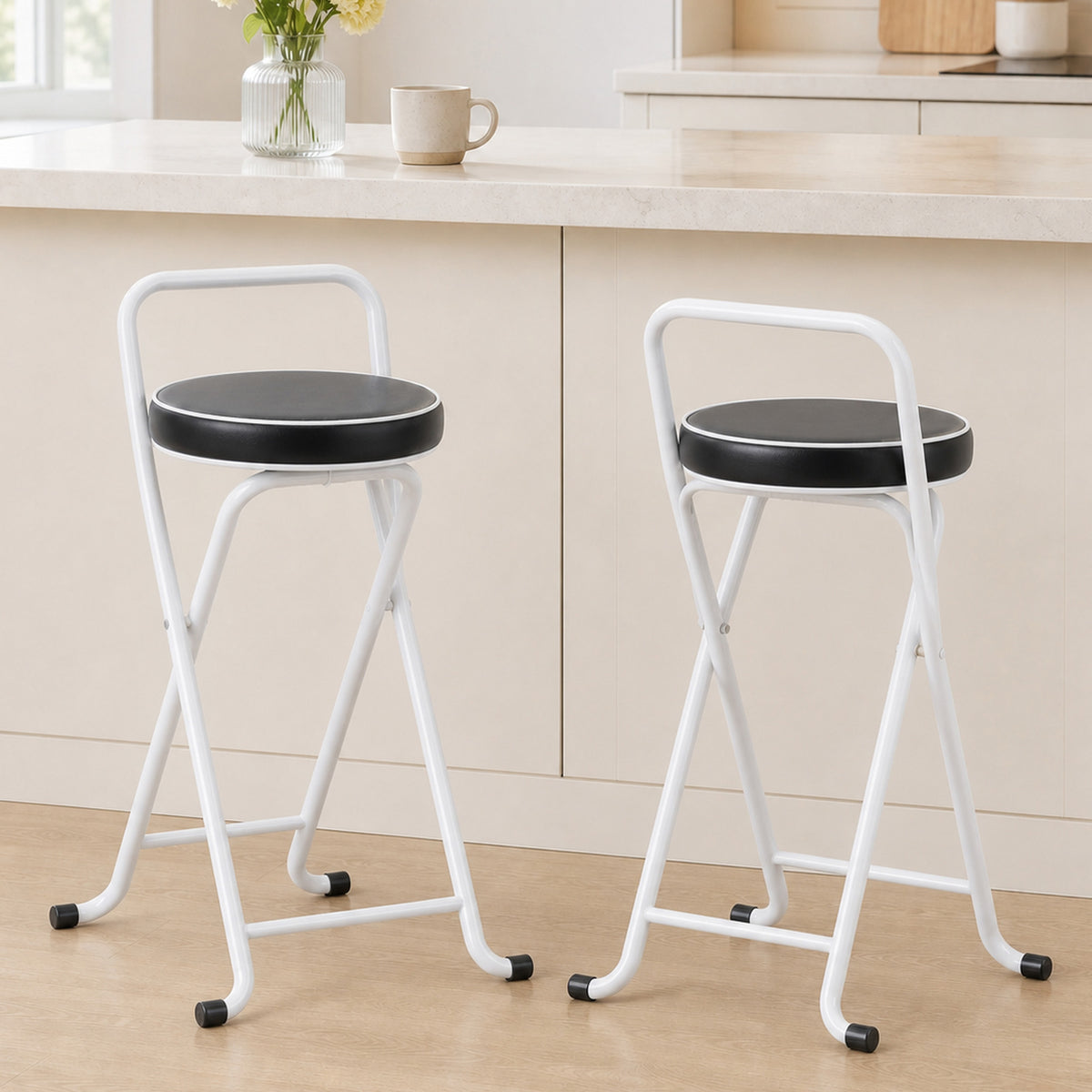 Foldable Bar Stools with Cushioned Seat and Footrest, Set of 2, Black