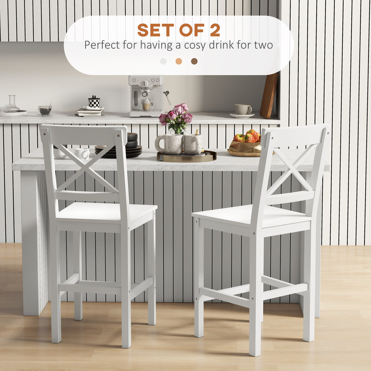 Farmhouse Solid Wood Counter Stools with Cross Backs, Set of 2, White