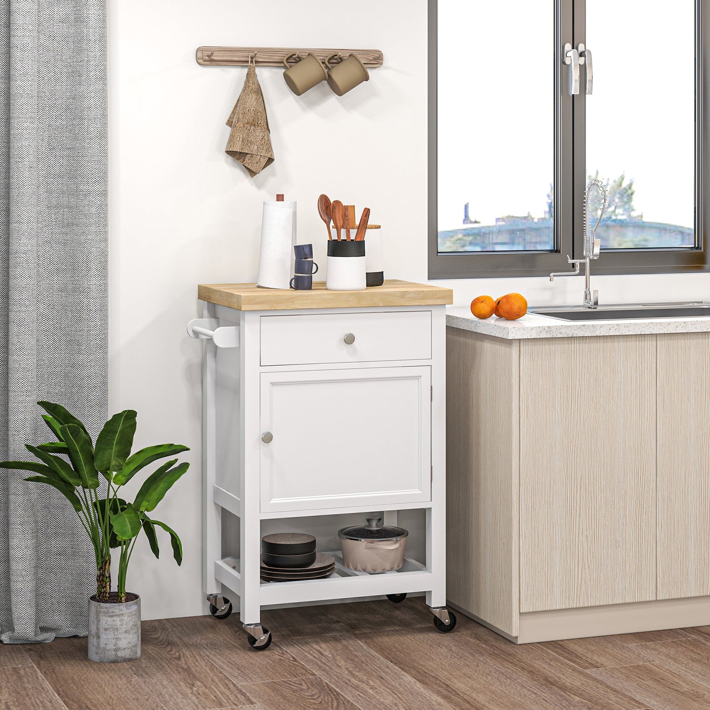 HOMCOM Rolling Kitchen Island Cart With Wood Top, White