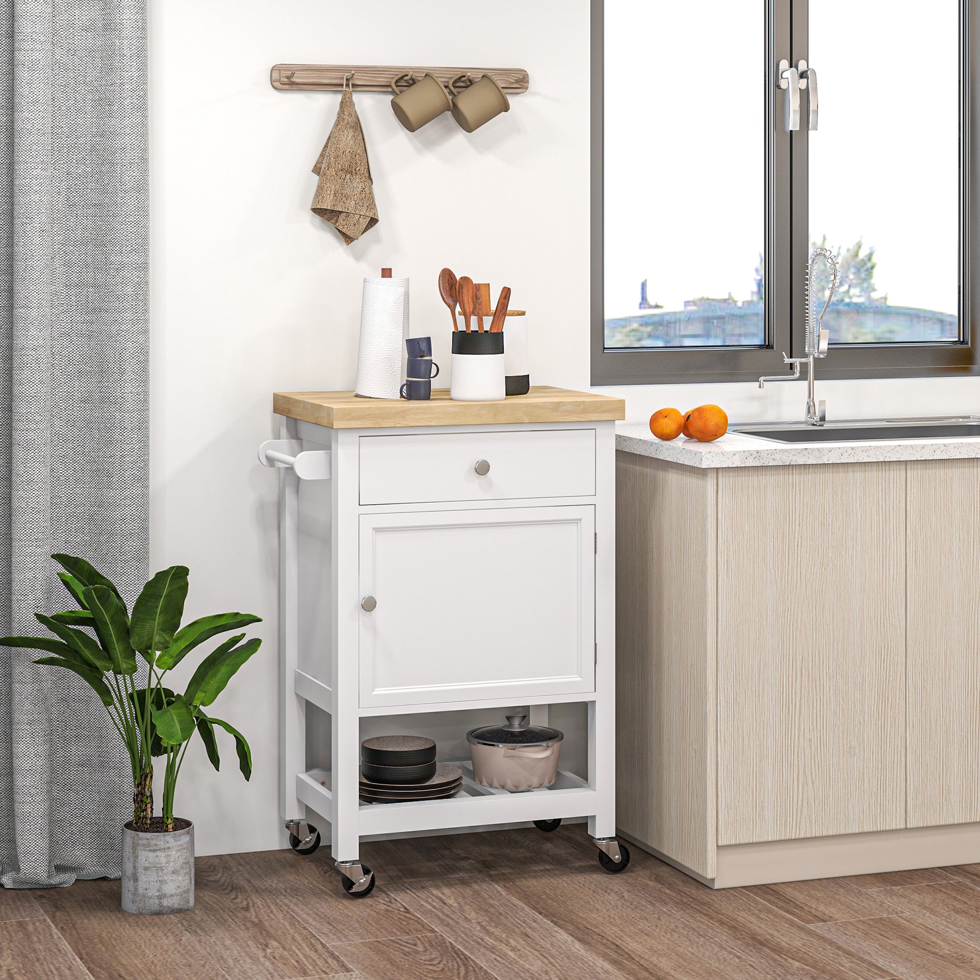 HOMCOM Rolling Kitchen Island Cart With Wood Top, White