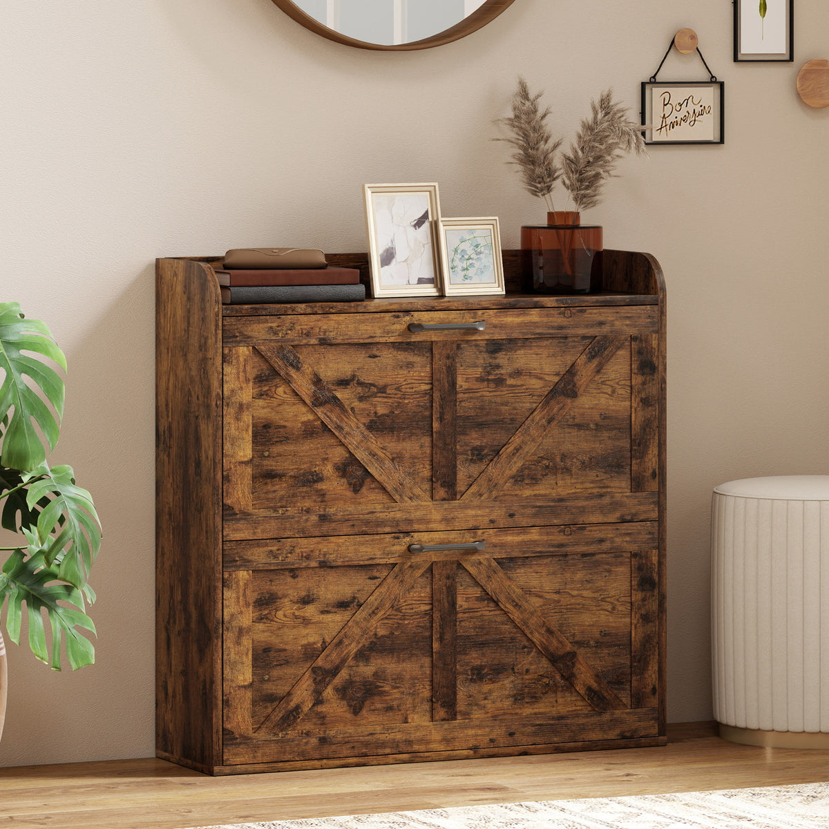 Farmhouse Shoe Cabinet with 2 Flip Drawers – 31"W x 34"H