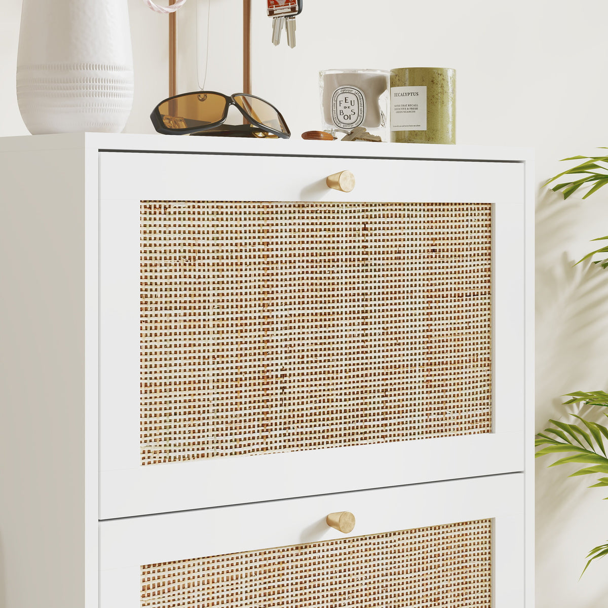 Rattan Shoe Storage Cabinet with 3 Flip Drawers – 24"W x 45"H