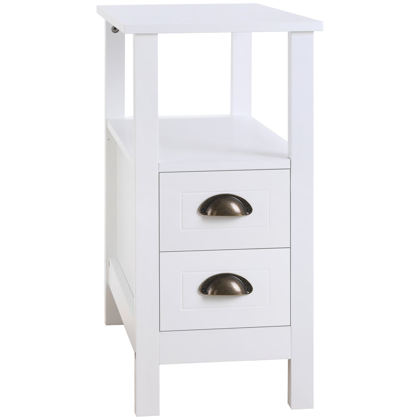 HOMCOM Modern Slim White End Table with 2 Drawers and Storage Shelf