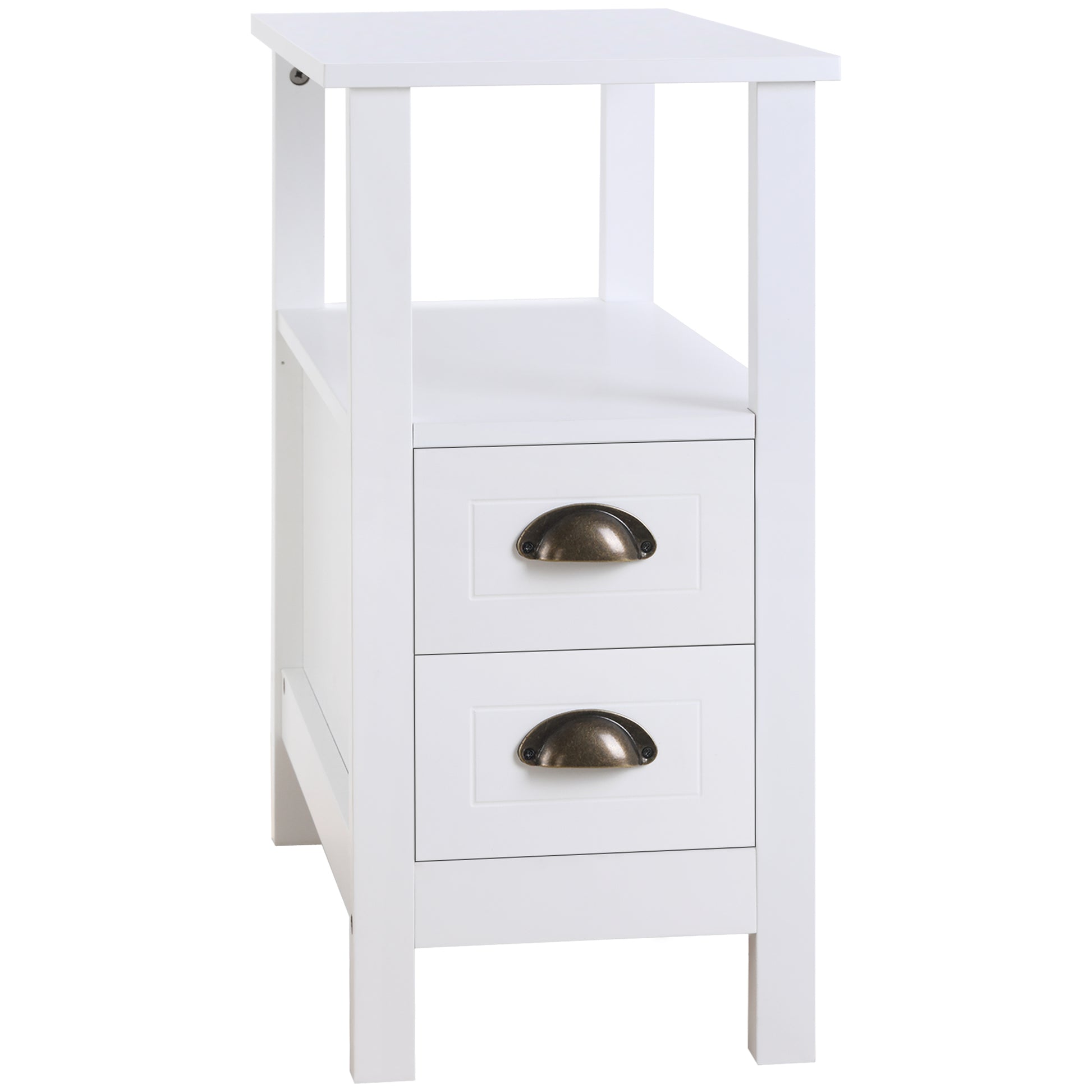 HOMCOM Modern Slim White End Table with 2 Drawers and Storage Shelf