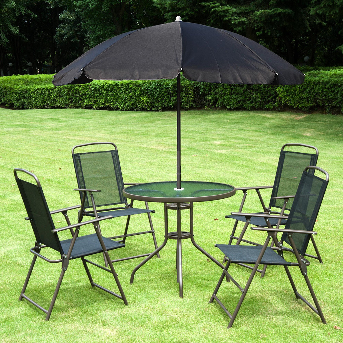 6 Pieces Outdoor Dining Set for 4 with Umbrella Patio Outdoor Furniture Set with Round Table 4 Folding Chairs