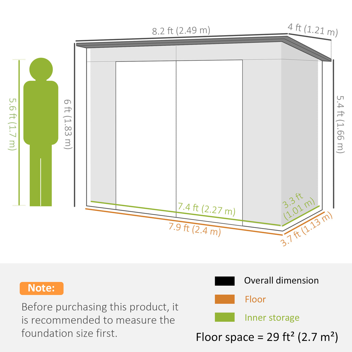 8 x 4FT Galvanized Garden Storage Shed, Metal Outdoor Shed with Double Doors and 2 Vents – Grey