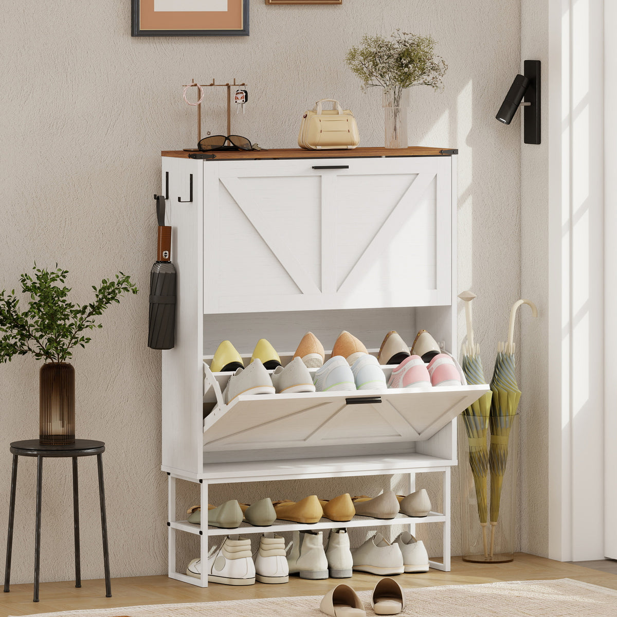 Narrow Shoe Storage Cabinet with 2 Flip Drawers – 31"W x 46"H