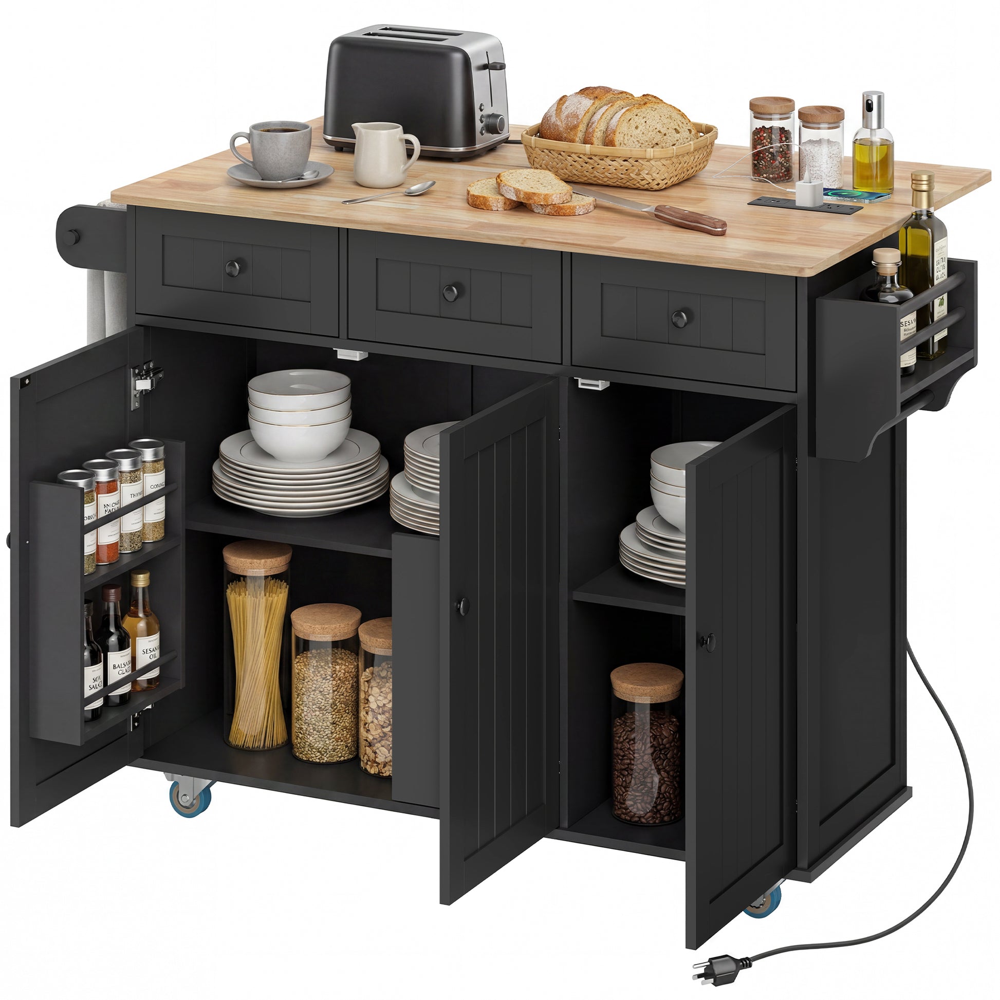 HOMCOM Kitchen Island with Drop Leaf, Charging Station, Black
