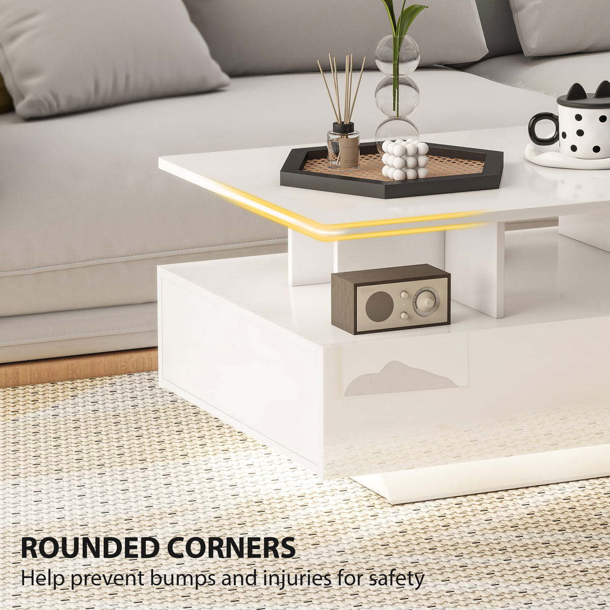 RGB LED Coffee Table with 4 Drawers and Open Shelf, High Gloss White