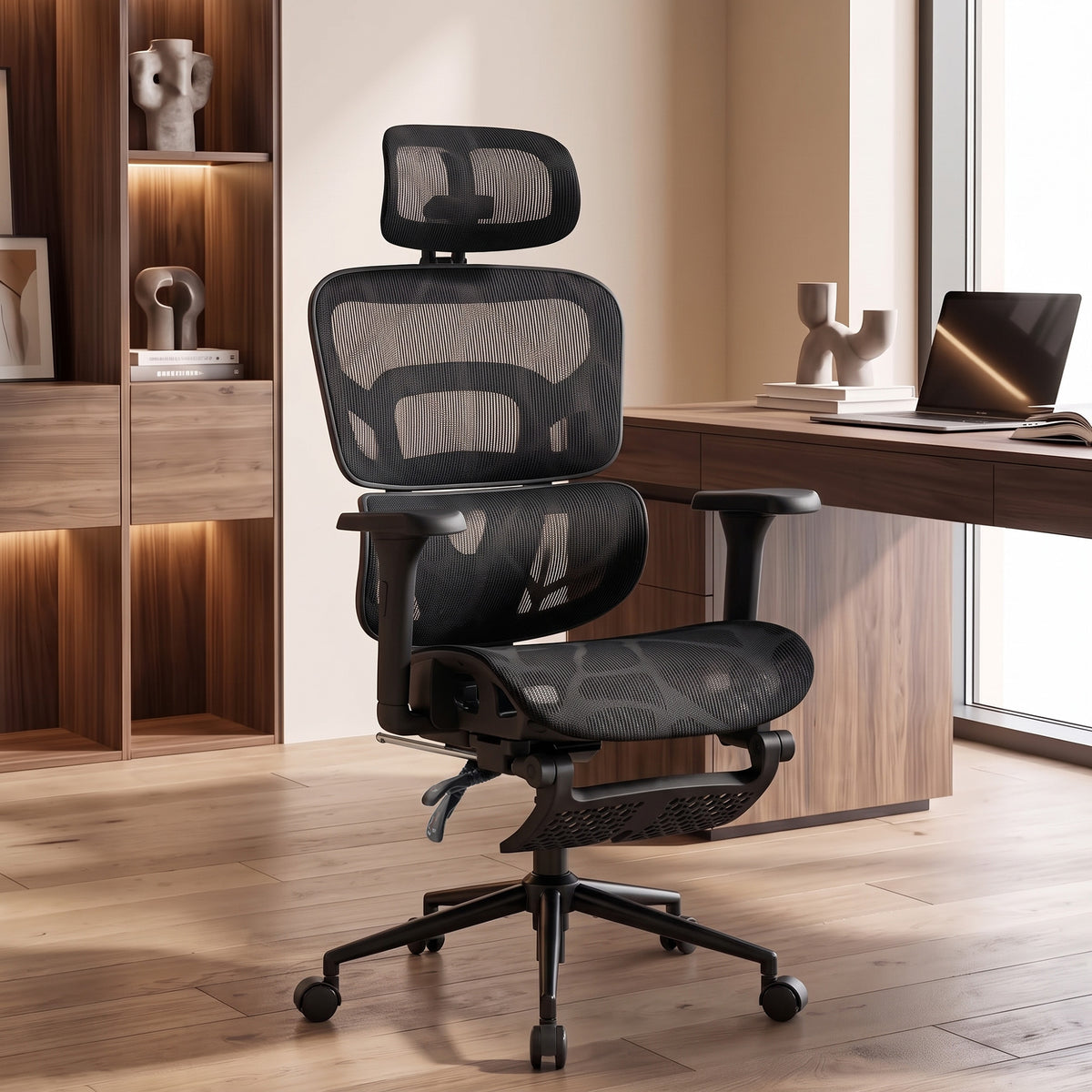 Ergonomic Office Chair with Lumbar Support, 2D Headrest, Mesh Reclining Desk Chair with Footrest, Black