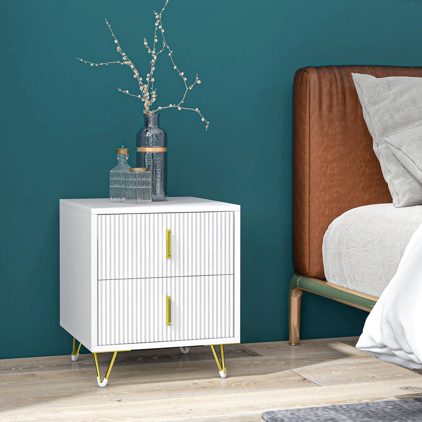 Modern White Nightstand Bedside Table with 2 Storage Drawers, Gold Metal Legs