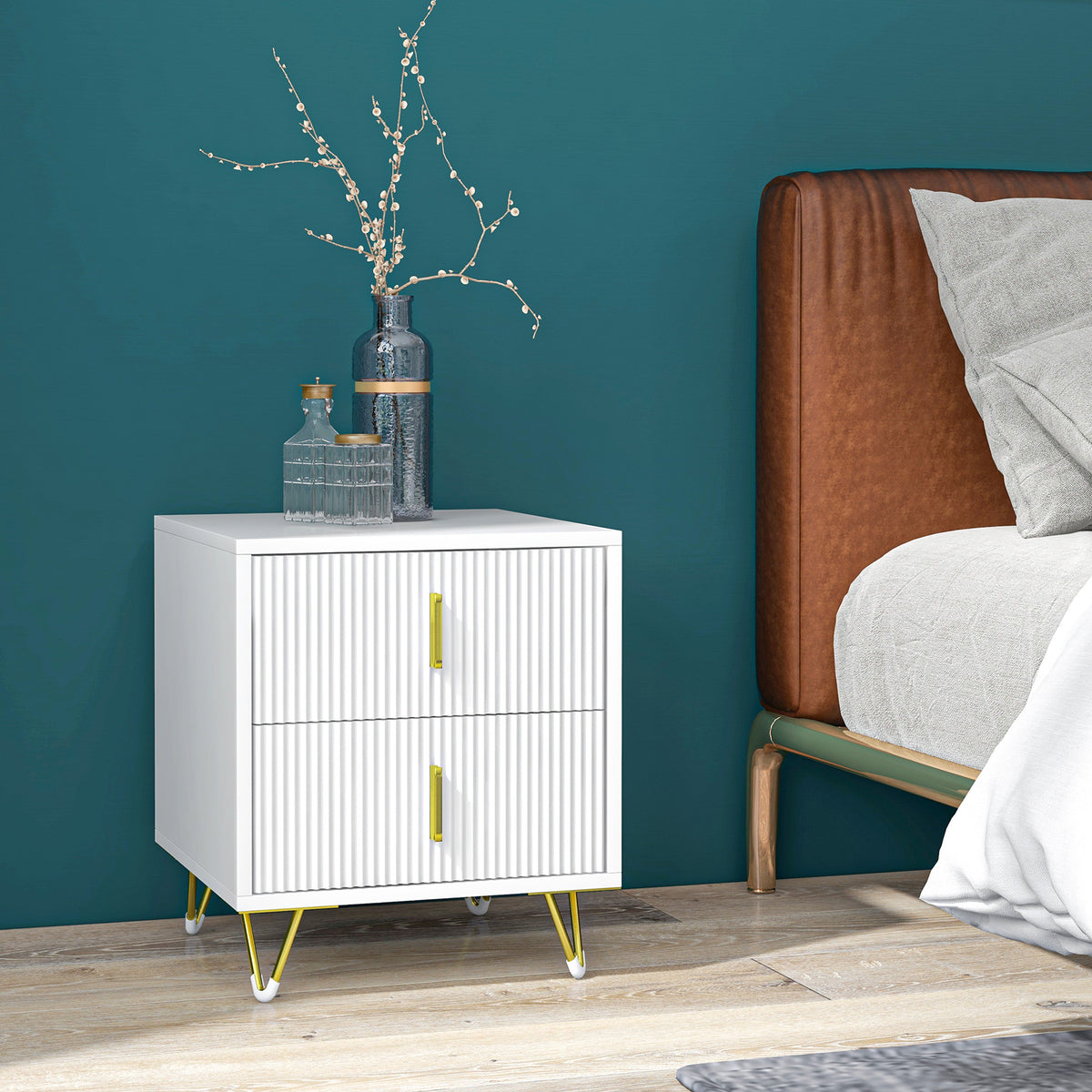Modern 2-Drawer Nightstand with Metal Legs – 16"W x 19"H