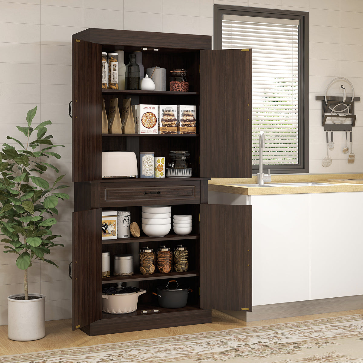 Freestanding Kitchen Pantry with 4 Doors and 2 Cabinets – 32"W x 71"H