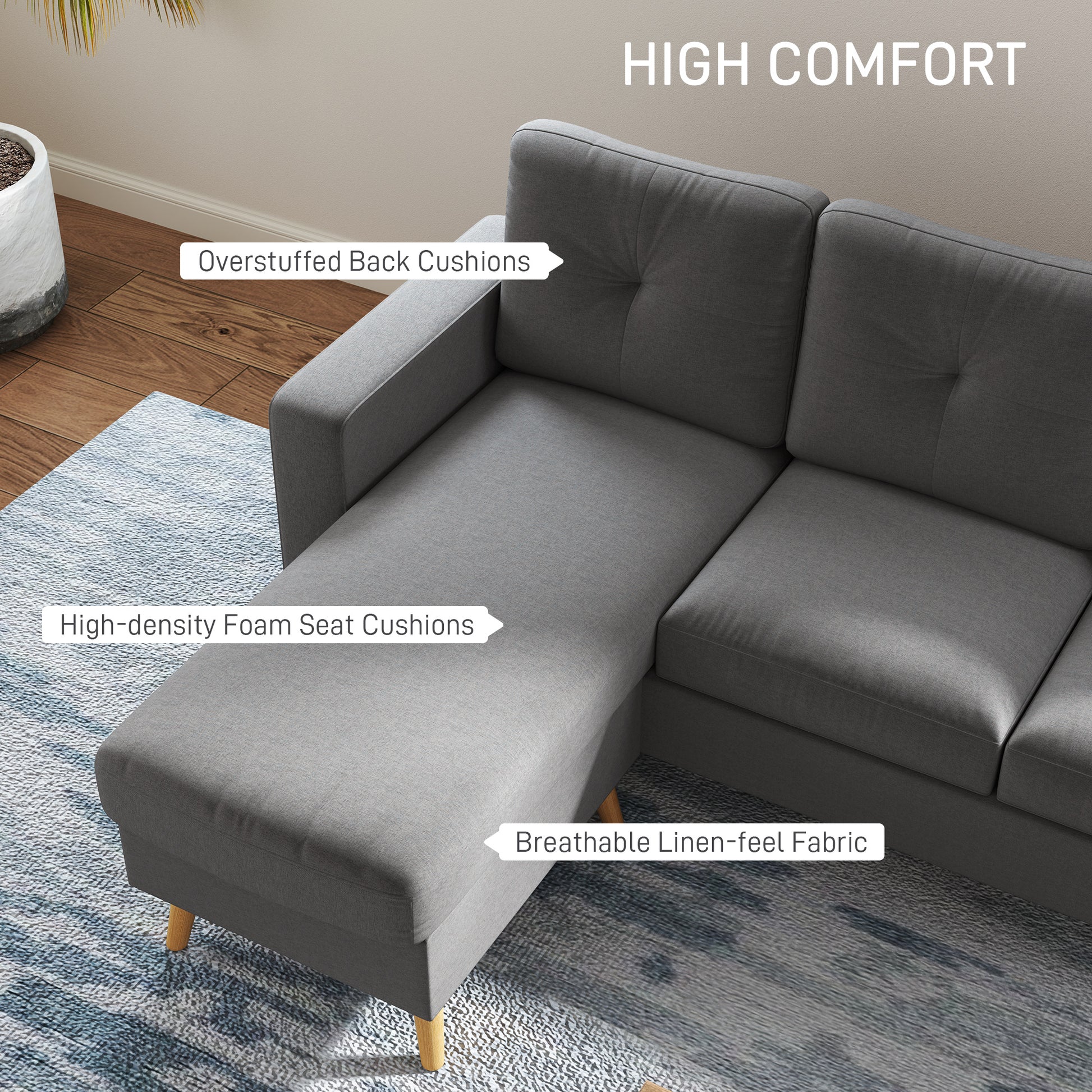HOMCOM Reversible Chaise L-Shaped Sectional Sofa, Dark Grey Wooden Legs
