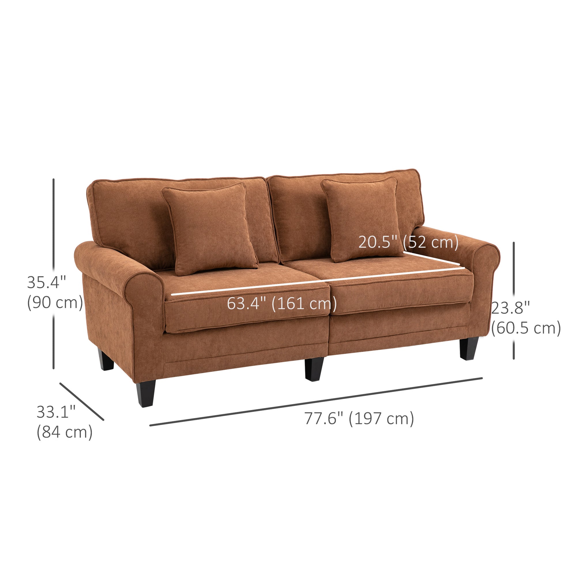 Modern Classic 3-Seater Corduroy Fabric Sofa with Pine Wood Legs, Rolled Arms, Brown