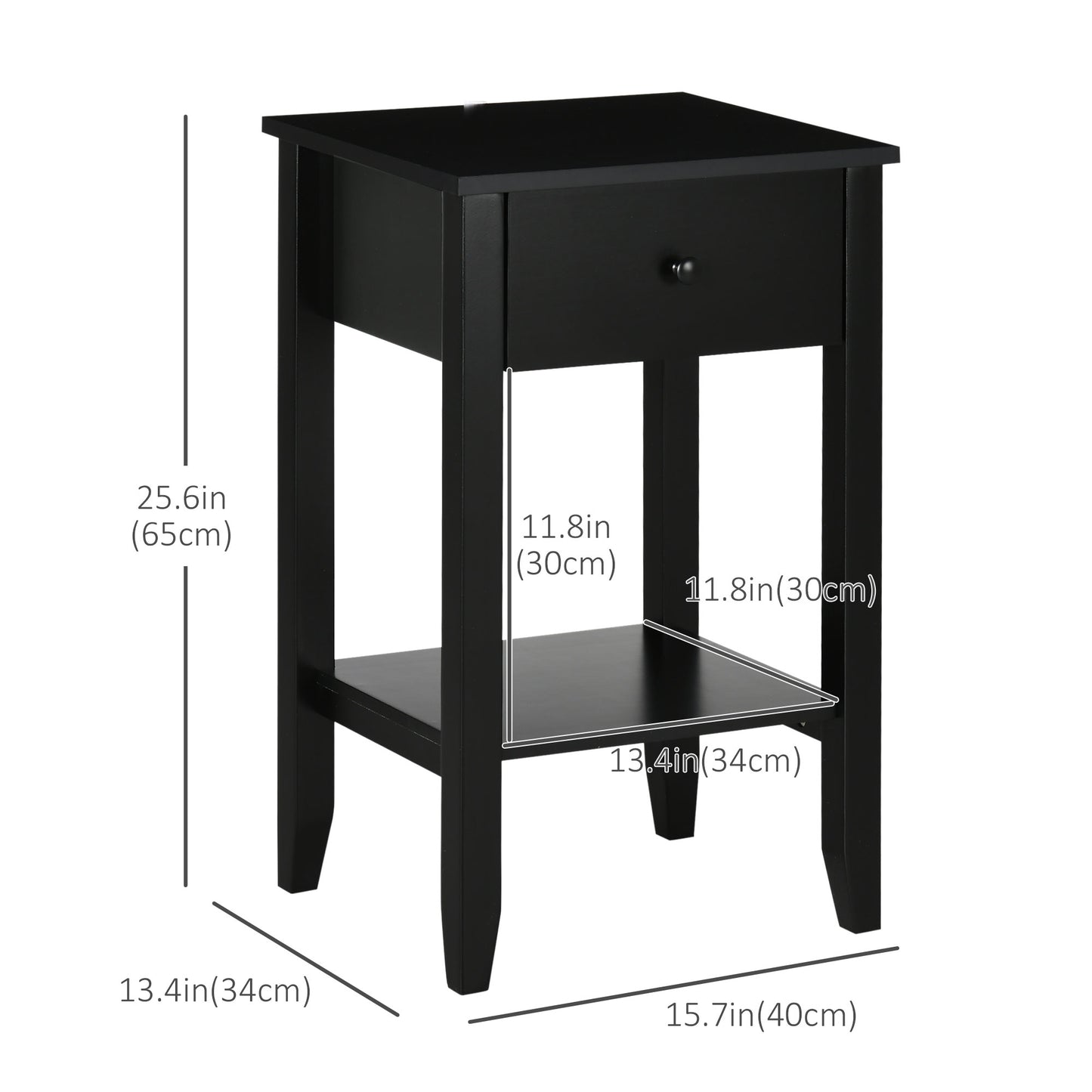 HOMCOM Modern Black 2-Tier Side Table with Drawer and Open Storage Shelf