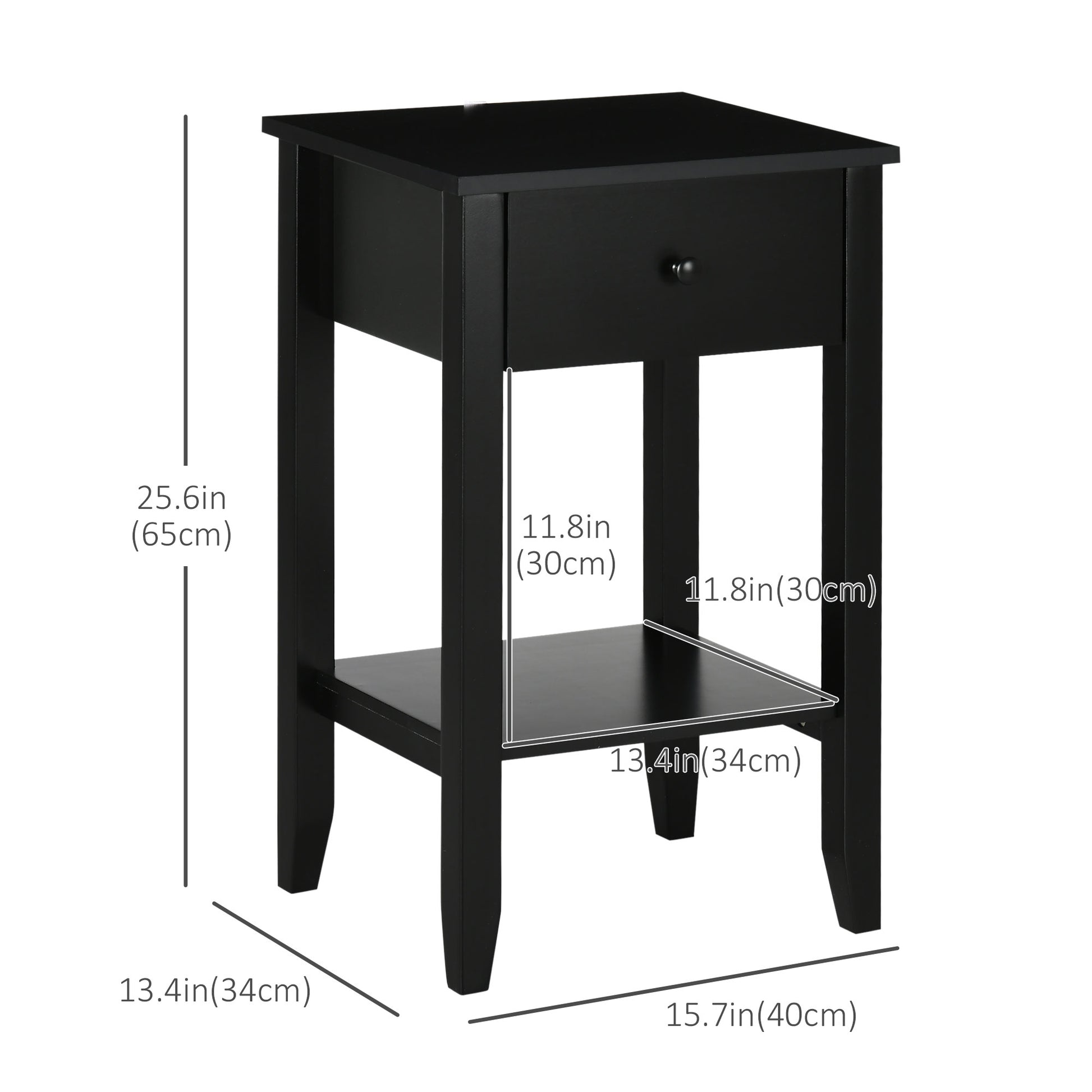 HOMCOM Modern Black 2-Tier Side Table with Drawer and Open Storage Shelf