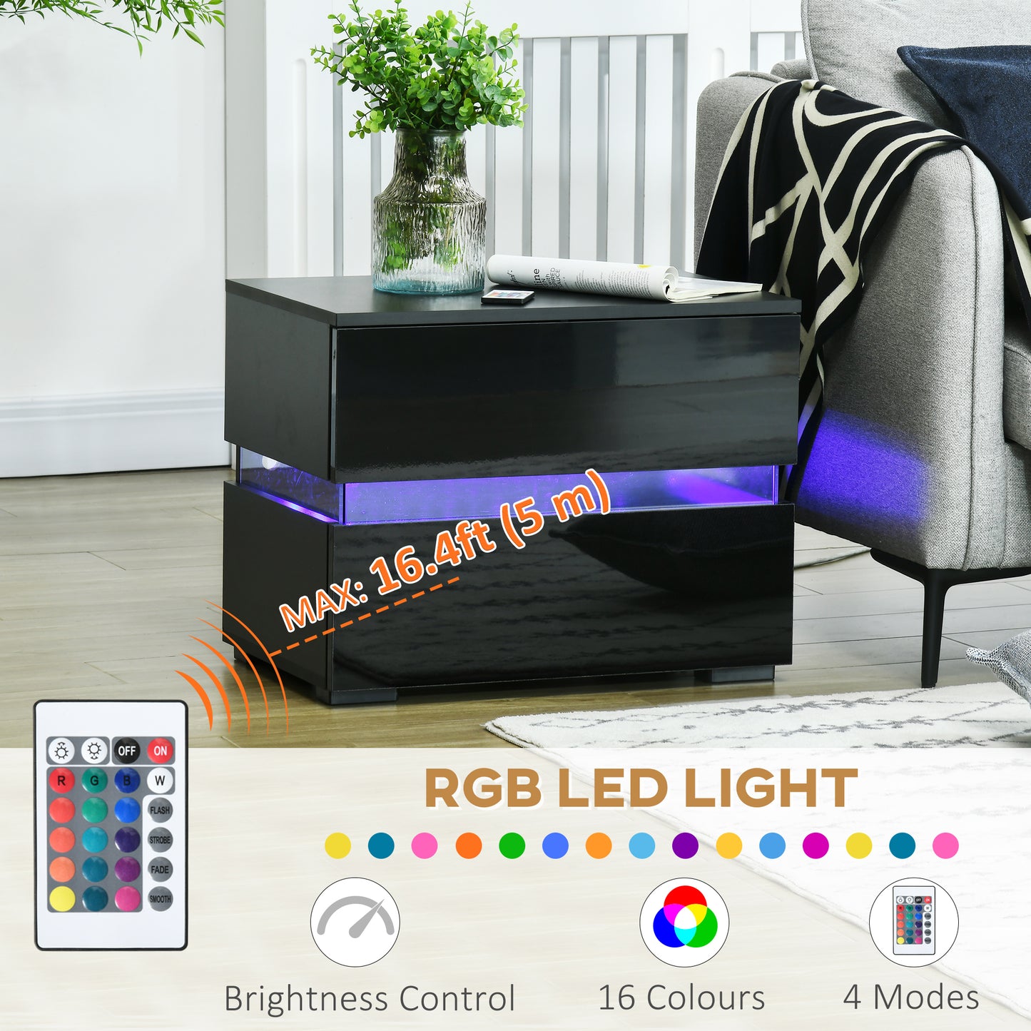 Modern Black Nightstand, 2 Gloss Drawers, USB RGB LED Remote Lights