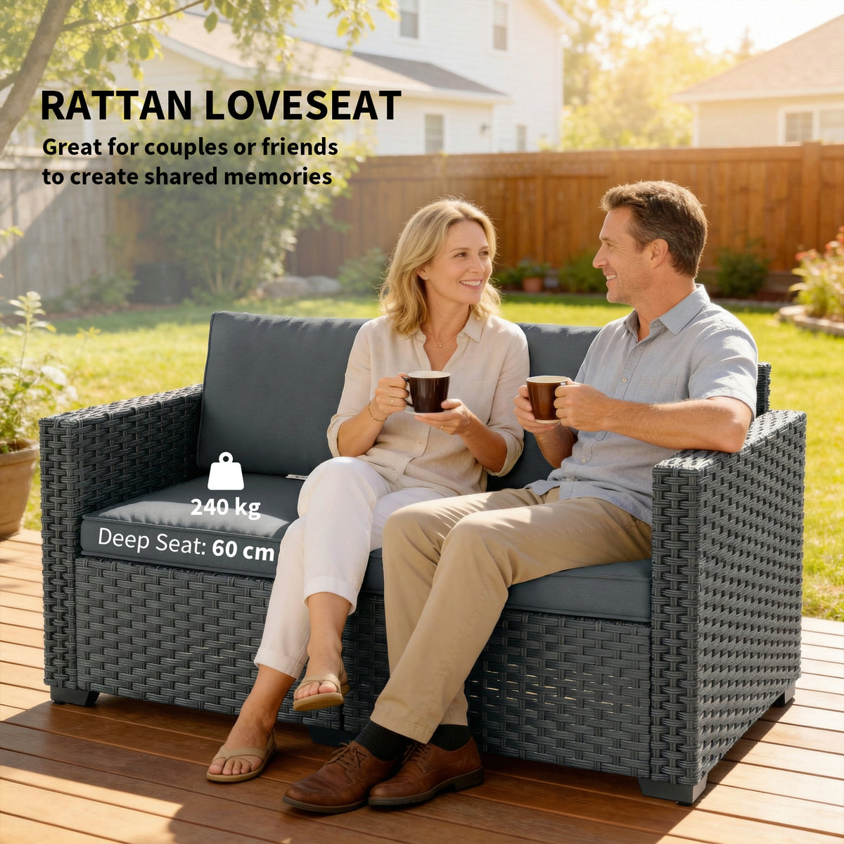 2 Seater Outdoor Couch Patio Sofa with Deep Seat, Cushions, Wide Armrests for Garden, Balcony, Porch
