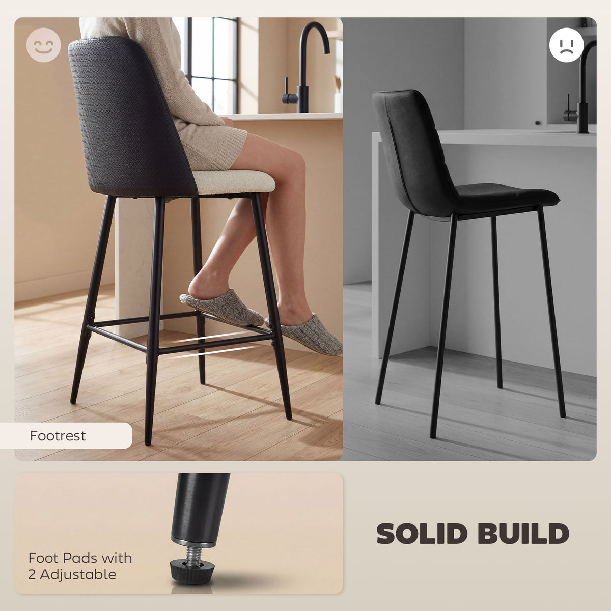 Two-Tone 26" Counter Stools with Woven PU Backrest, Set of 2, Black
