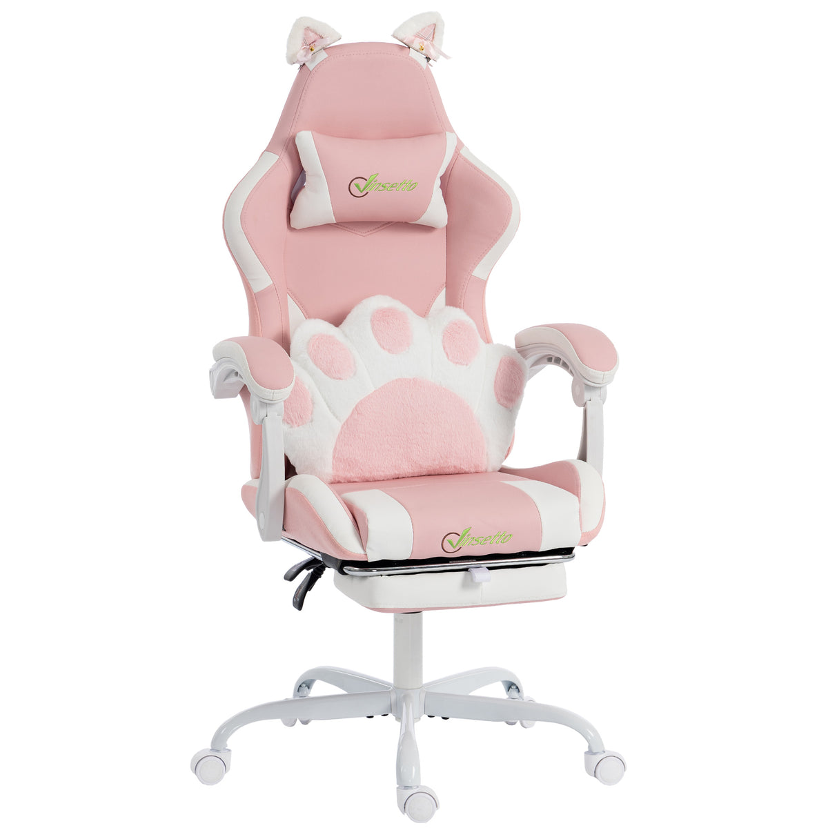 Cute Gaming Chair with Cat Ears, Gamer Computer Chair with Lumbar Support, Footrest, Pink