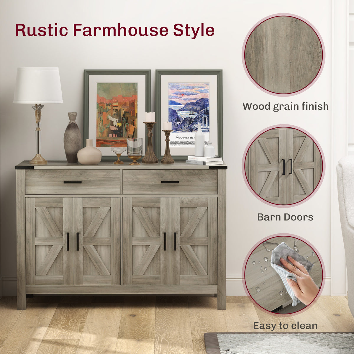 Farmhouse Kitchen Storage Cabinet with 2 Drawers and Shelves – 47"W x 33"H