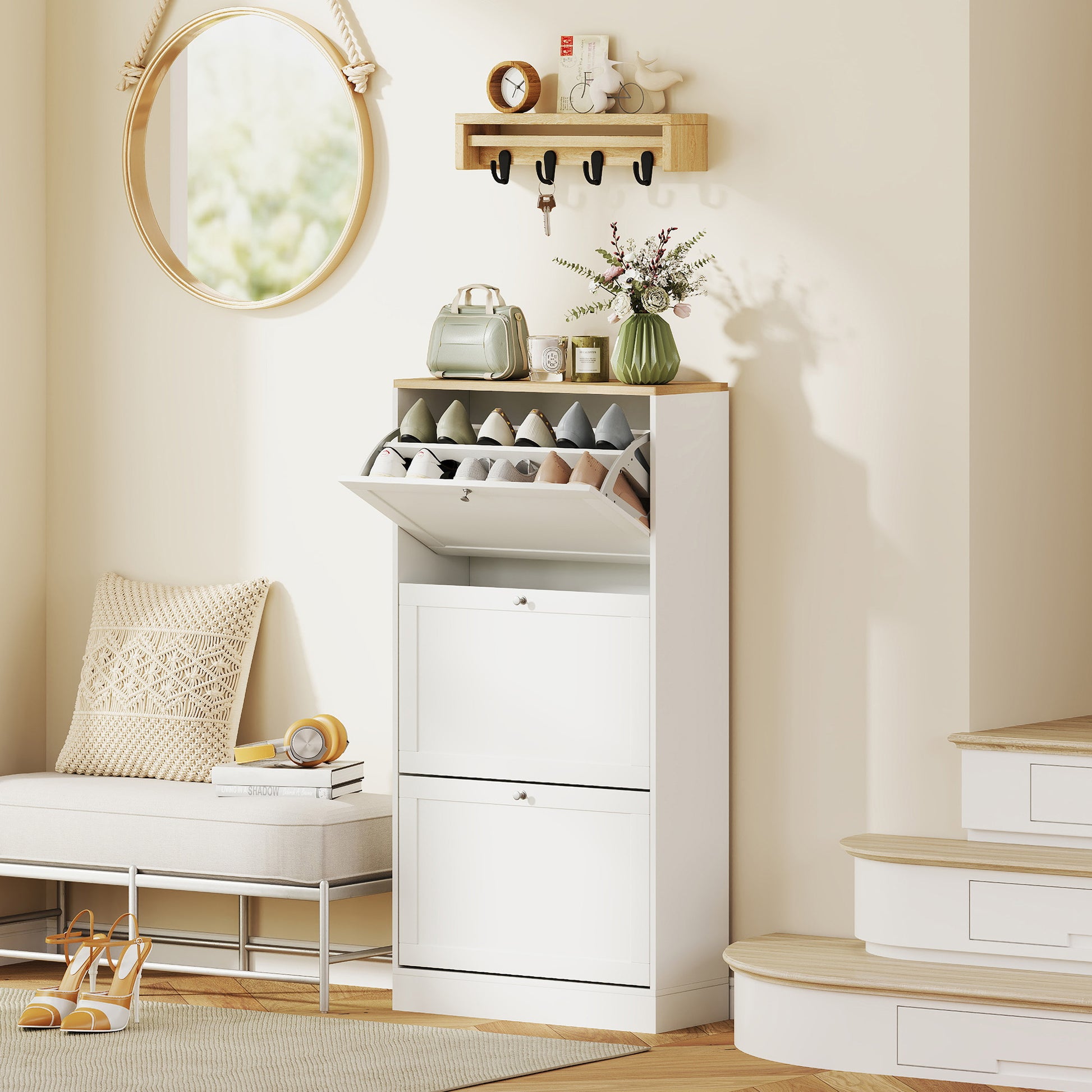HOMCOM Modern White Shoe Storage Cabinet with 3 Flip Drawers, Adjustable Shelves
