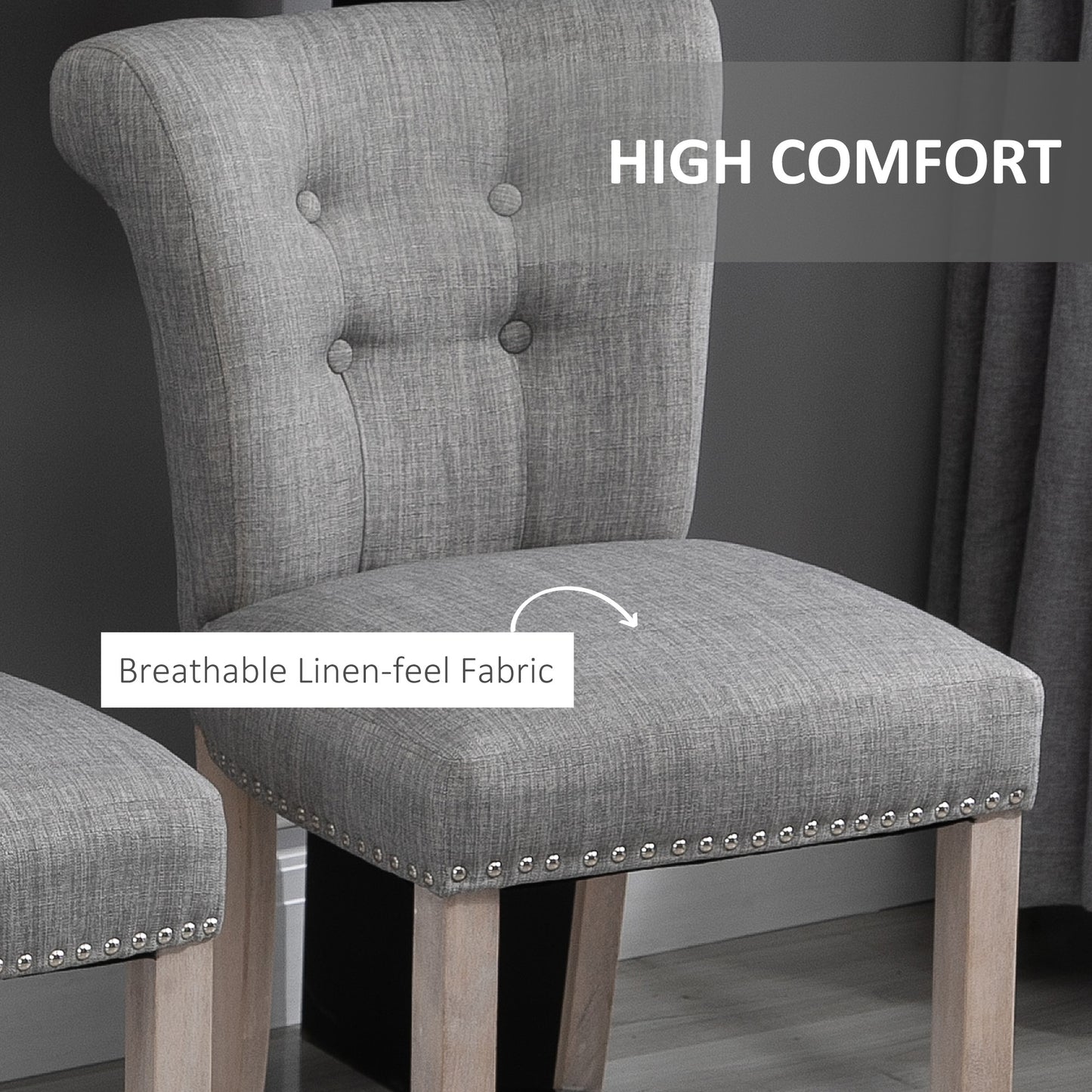 HOMCOM Grey Linen Counter Bar Stools, Set of 2, Solid Wood Legs