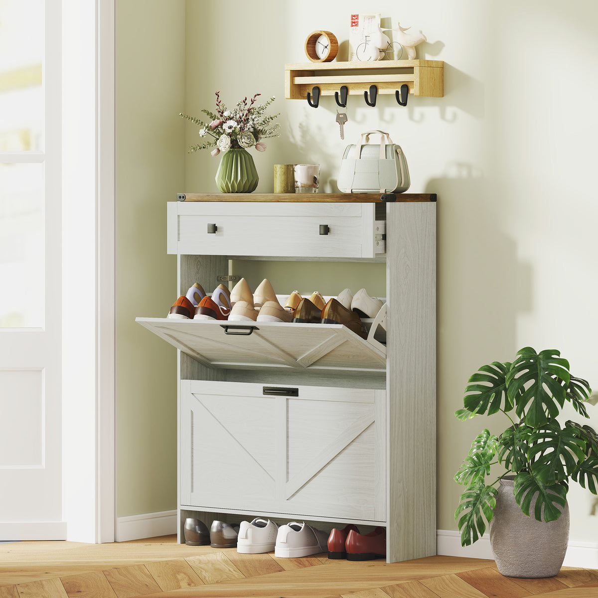Farmhouse Narrow Shoe Cabinet with 2 Flip Drawers – 32"W x 43"H