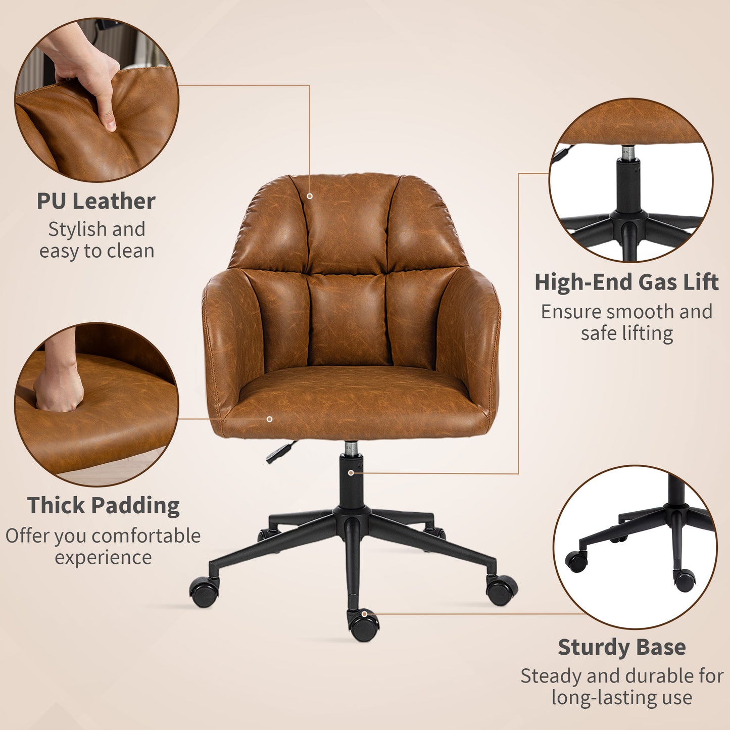 HOMCOM Swivel Faux Leather Office Desk Chair, Adjustable Height, Ergonomic Lumbar Support, Brown