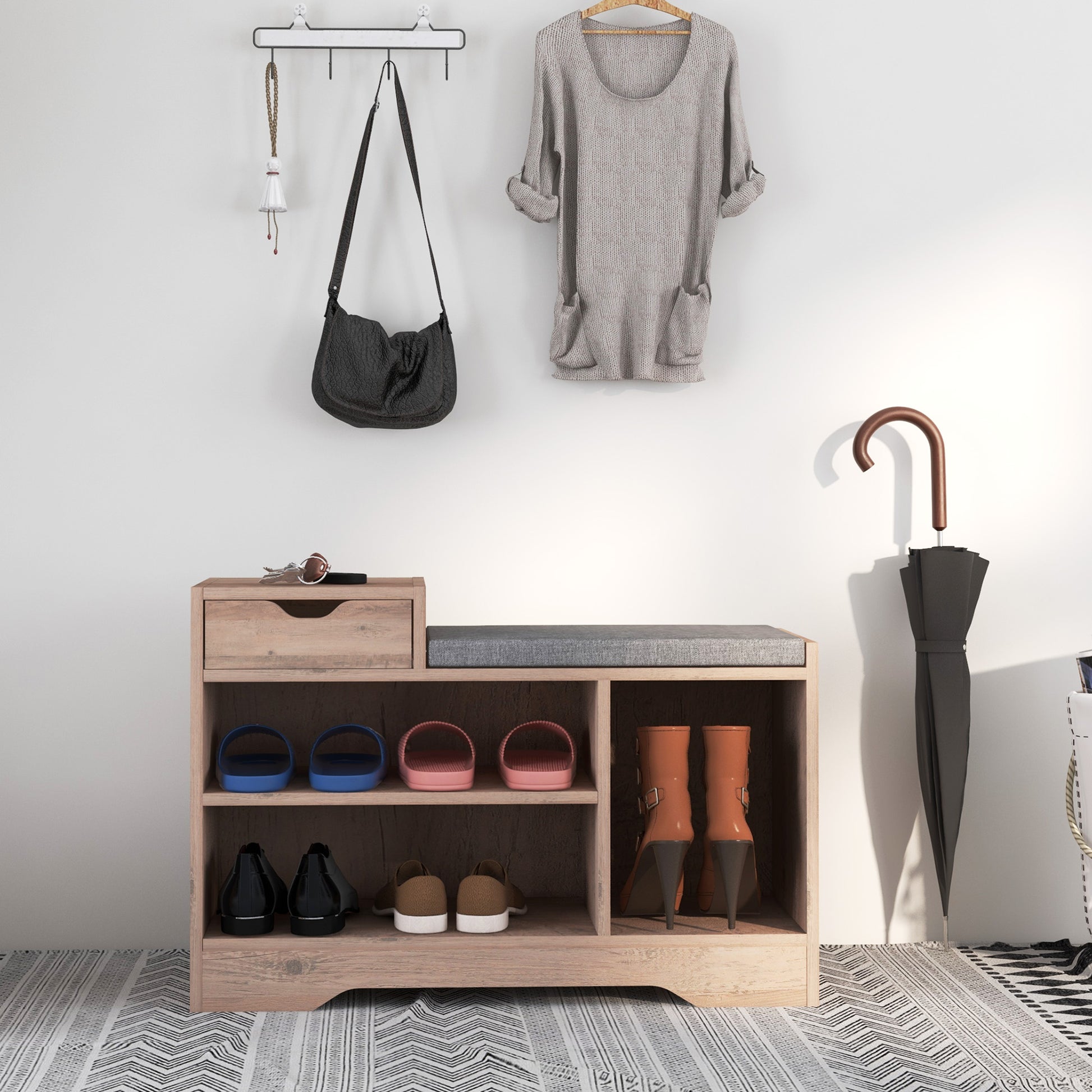 HOMCOM Grey Upholstered Entryway Shoe Storage Bench with Padded Seat and Shelves