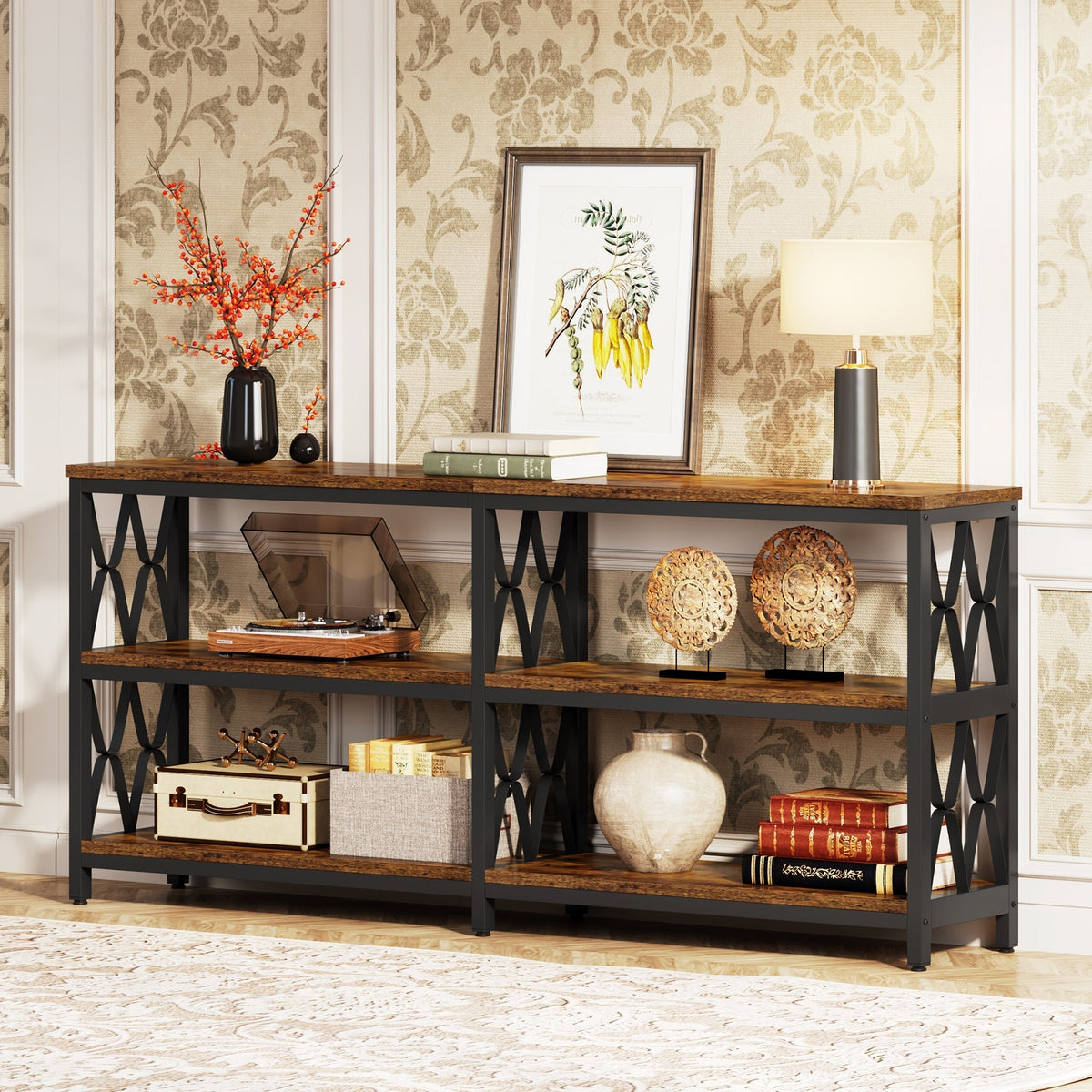 3-Tier Console Table, 70.9" Industrial Sofa Foyer Table for Living Room