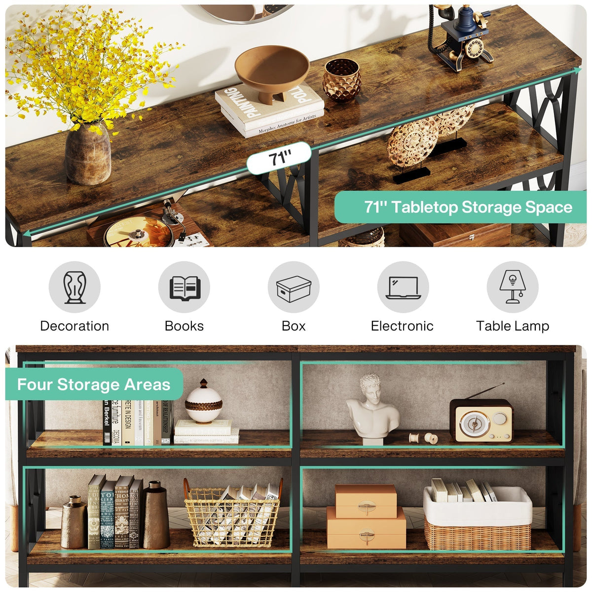 3-Tier Console Table, 70.9" Industrial Sofa Foyer Table for Living Room