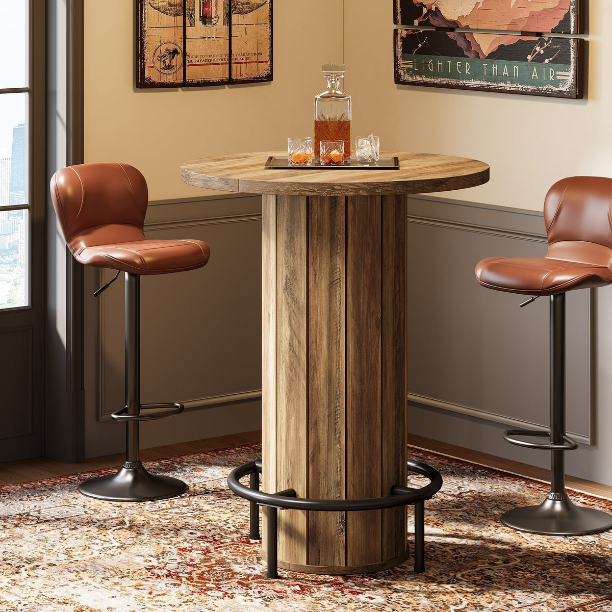 31" Bar Table, Round Bistro Pub Table with Footrest for Dining Coffee Cocktail
