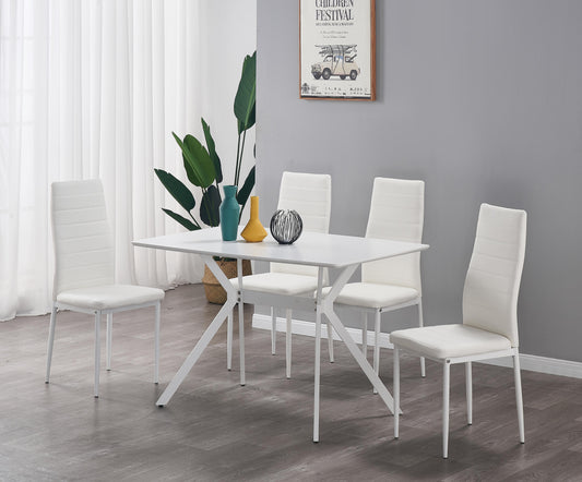 Nash 5-Piece Dining Set – 47" White Metal Table, White Faux Leather Chairs