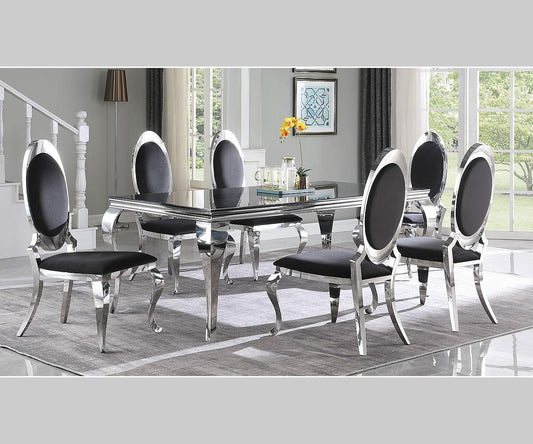 Bianca 7-Piece Dining Set – 79" Black Glass Table, Black Velvet Chairs