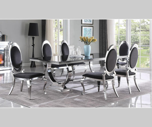 Elara 7-Piece Dining Set – 94" Black Glass-Top Table, Black Velvet Chairs