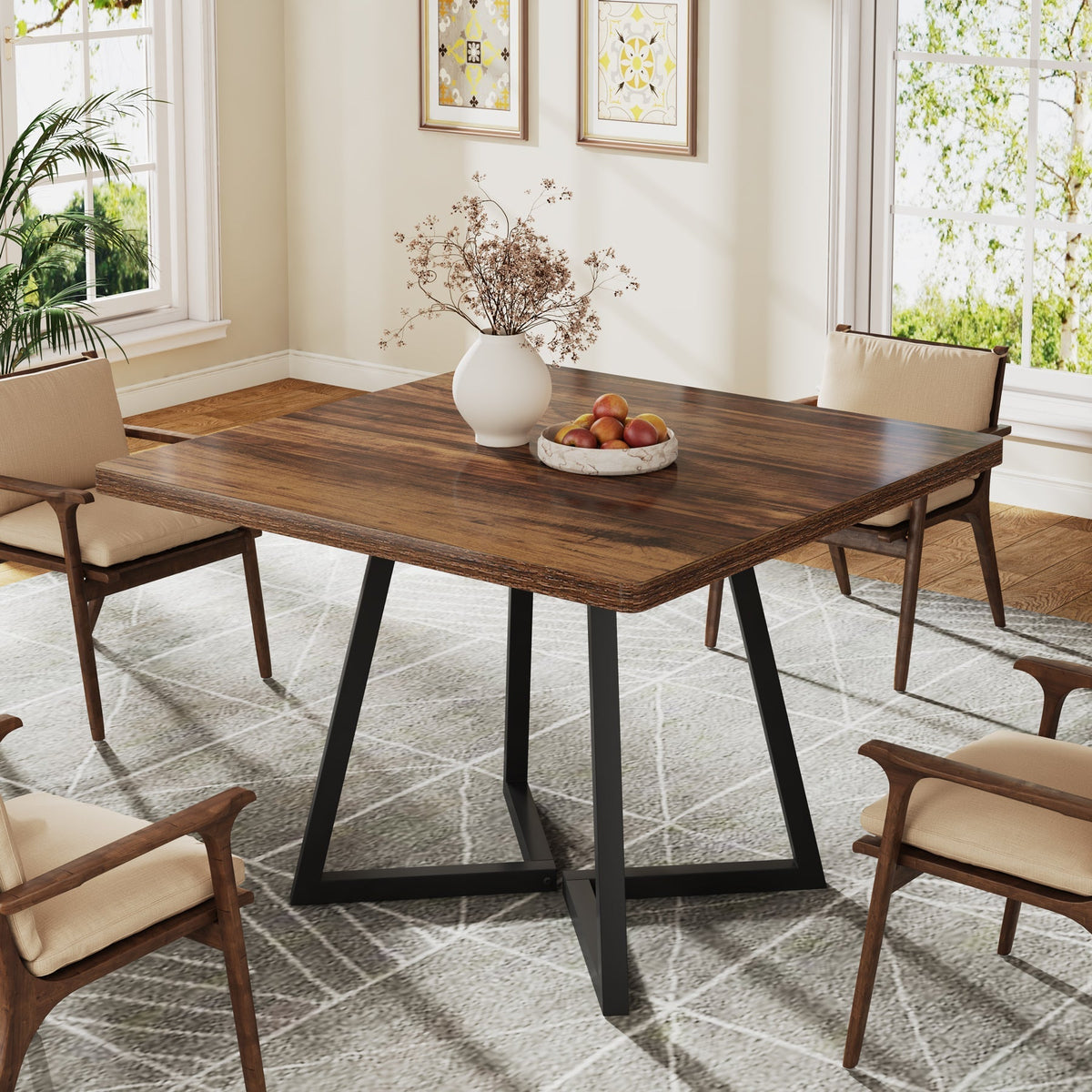 31.5" Square Dining Table for 4, Industrial Kitchen Table with Metal Base for Dining Room