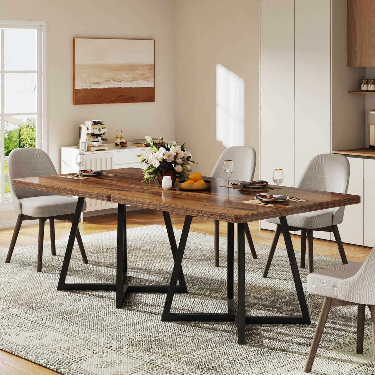 31.5" Square Dining Table for 4, Industrial Kitchen Table with Metal Base for Dining Room