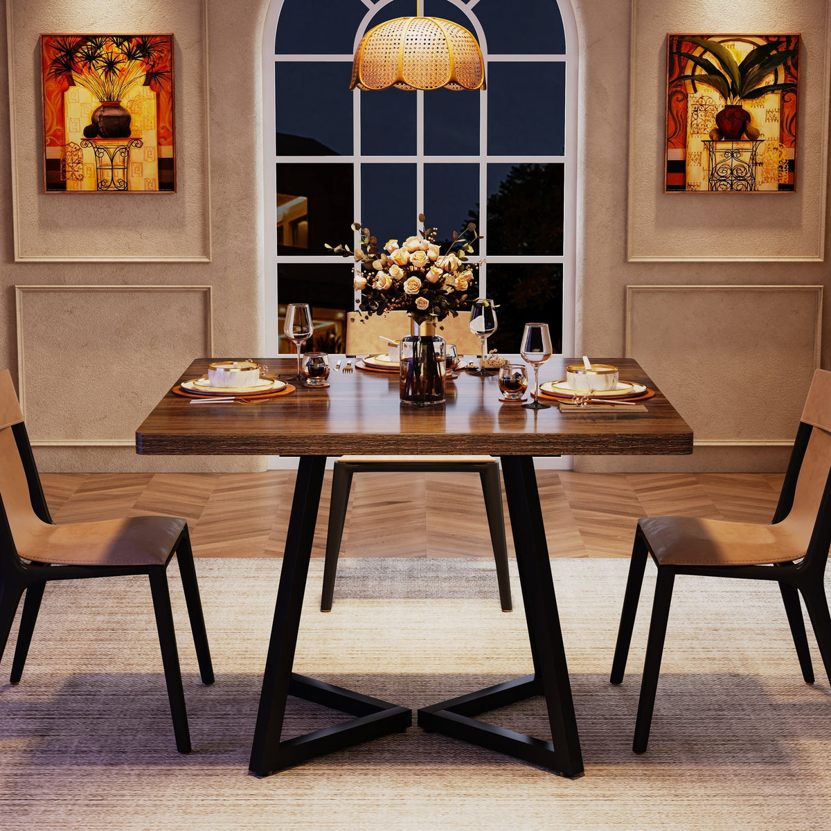 31.5" Square Dining Table for 4, Industrial Kitchen Table with Metal Base for Dining Room