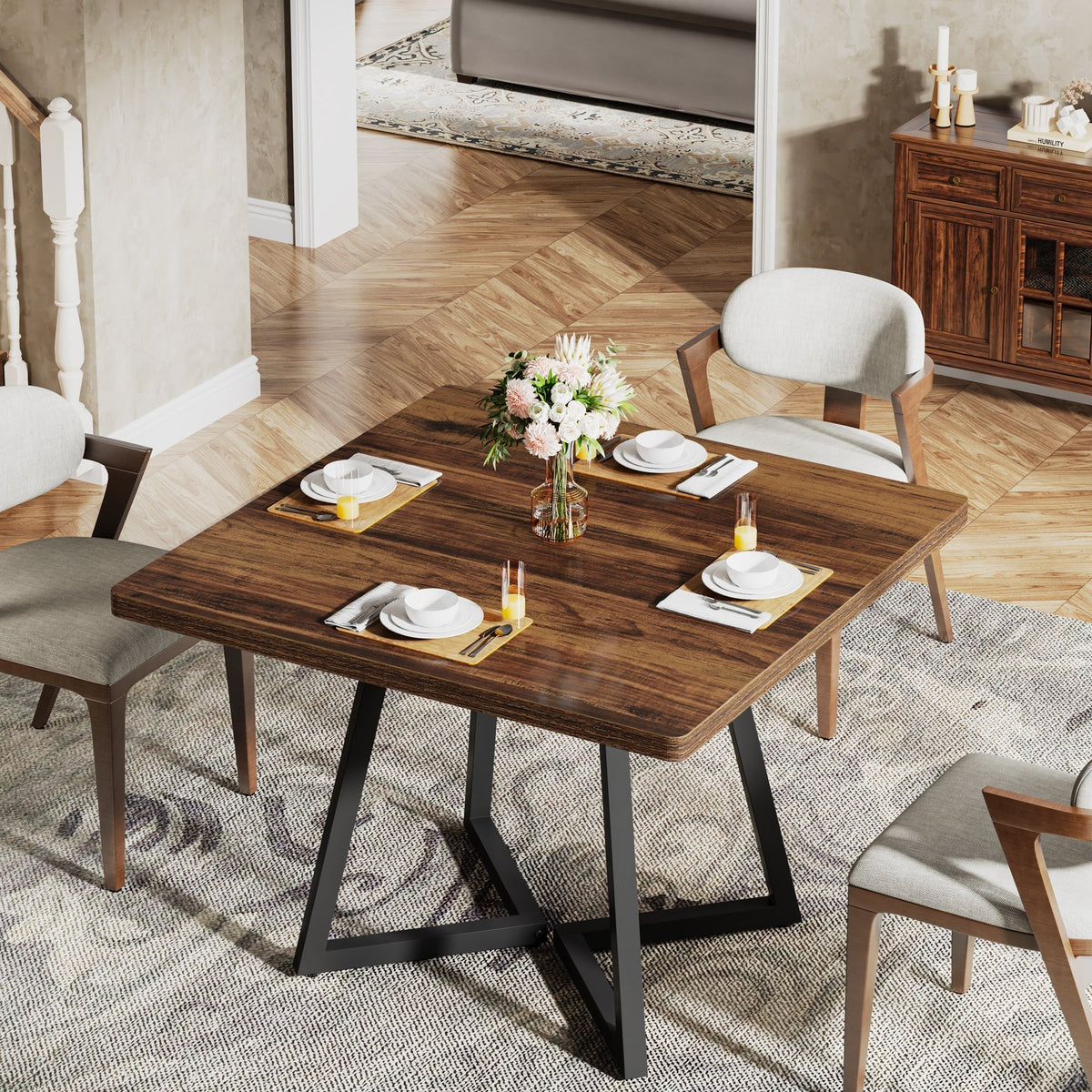 31.5" Square Dining Table for 4, Industrial Kitchen Table with Metal Base for Dining Room