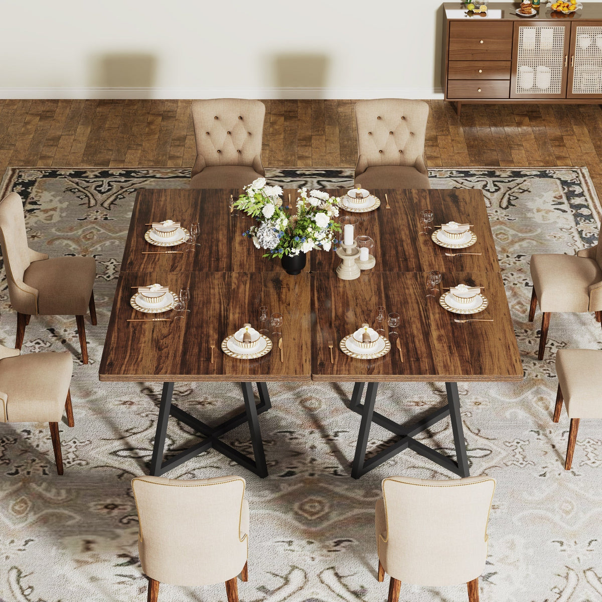 31.5" Square Dining Table for 4, Industrial Kitchen Table with Metal Base for Dining Room
