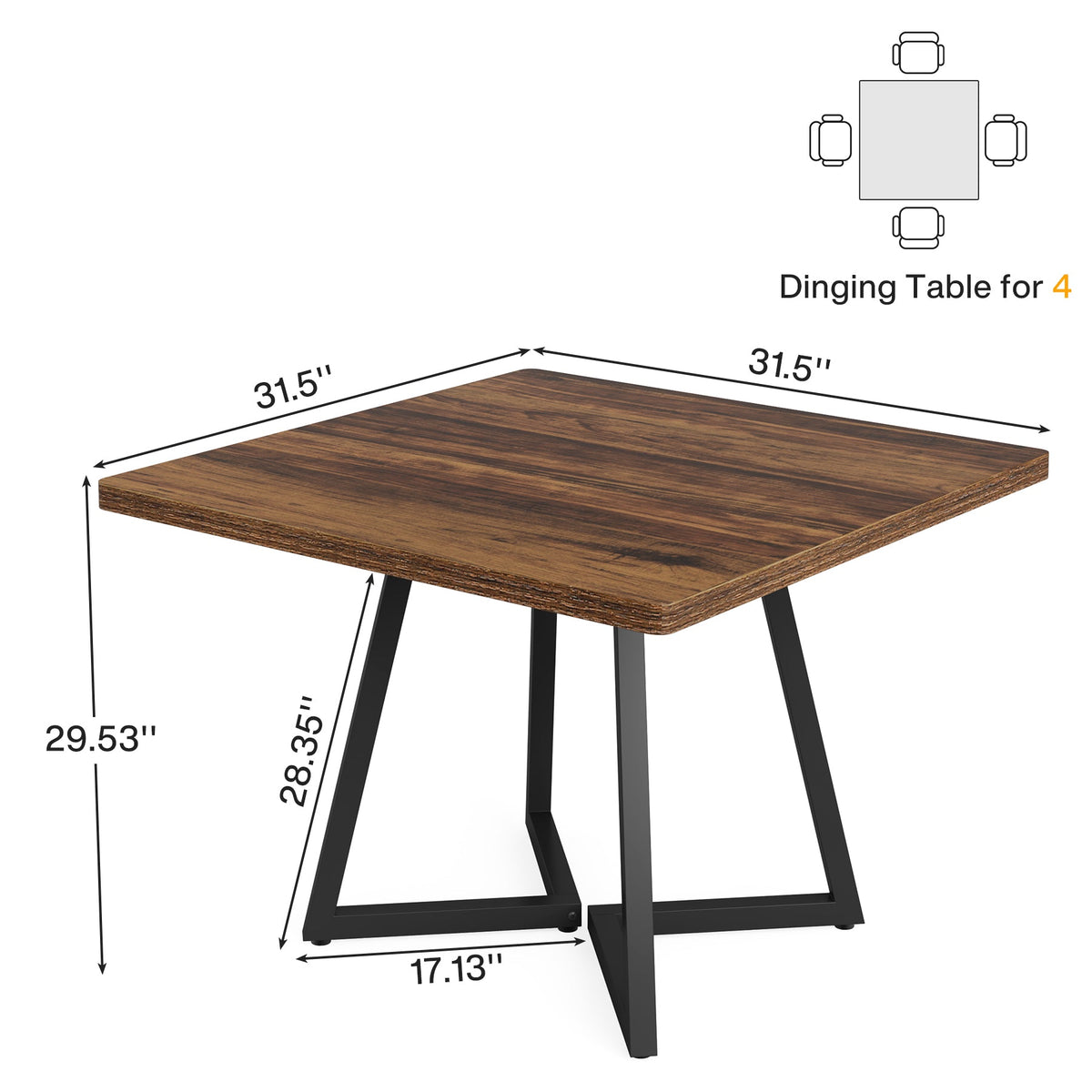 31.5" Square Dining Table for 4, Industrial Kitchen Table with Metal Base for Dining Room