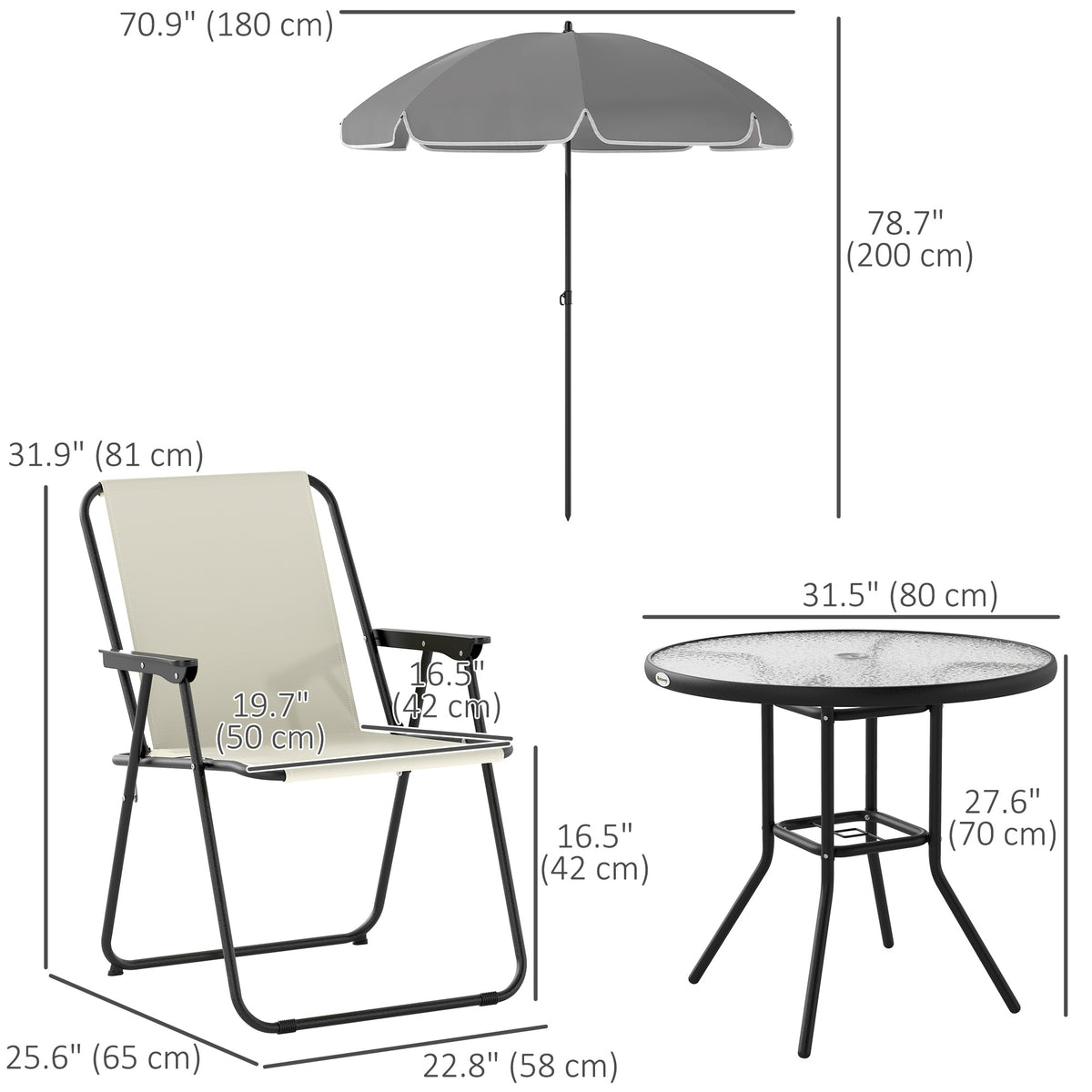 6 Pieces Patio Dining Set with Umbrella, Patio Furniture Set with Folding Chairs, Glass Table for Garden Backyard