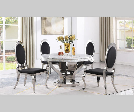 Celeste 5-Piece Dining Set – 51" Round White Marble Table, Black Velvet Chairs